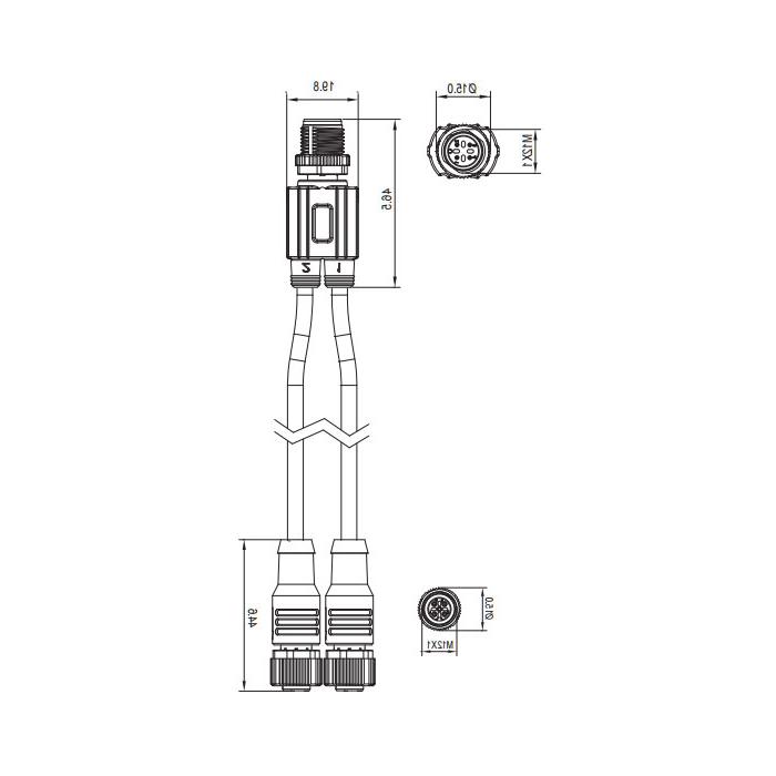 M12 4Pin公/2M12 3Pin母，y型预铸PUR拖链电缆，黑色护套，64D401-XXX