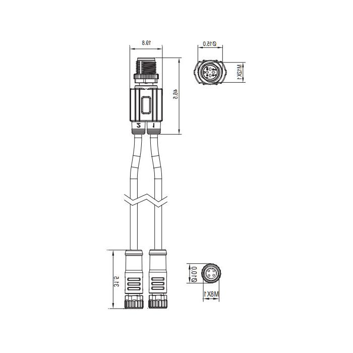 M12 4Pin公/2M8 4Pin母，y形预制PVC非柔性电缆，灰色护套，64D427-XXX